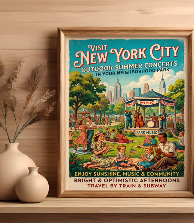Vintage New York City poster for outdoor summer concerts in the park.