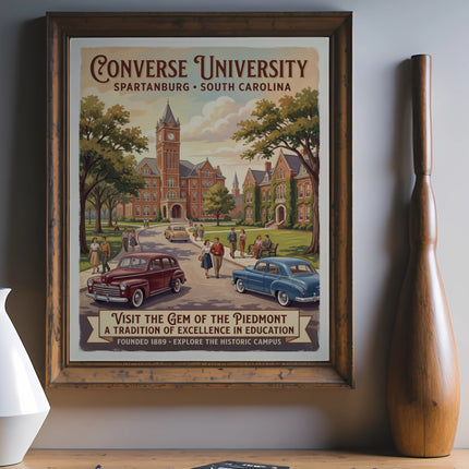 Vintage poster of Converse University, Spartanburg, SC, with historic buildings and cars.