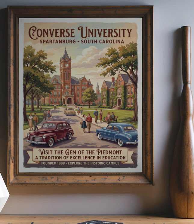 Vintage poster of Converse University, Spartanburg, SC, with historic buildings and cars.