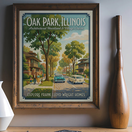 Oak Park, Illinois vintage travel poster featuring Frank Lloyd Wright homes and vintage cars.