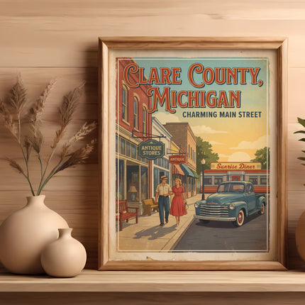 Clare County, Michigan poster with charming main street scene and vintage pickup truck.