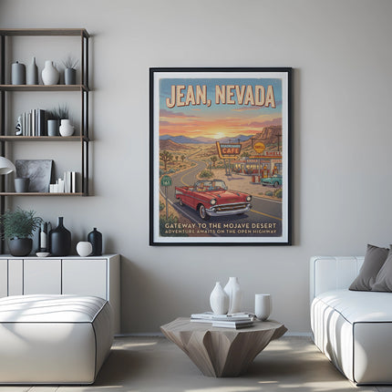 Vintage Jean, Nevada poster with a red convertible and diner.
