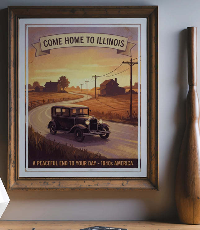 Framed "Come Home to Illinois" poster with a vintage car on a rural road at sunset.
