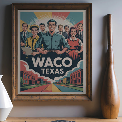 Retro poster for Waco, Texas featuring smiling people and colorful cityscape.
