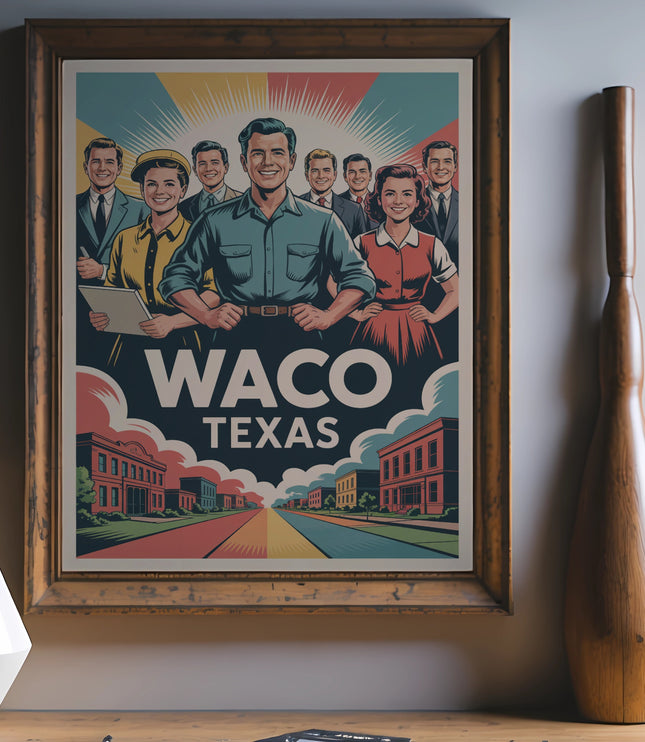 Retro poster for Waco, Texas featuring smiling people and colorful cityscape.