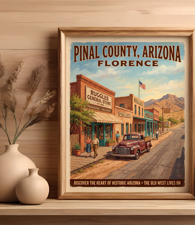 Pinal County, Arizona Florence poster featuring Ruggles General Store and a vintage truck.