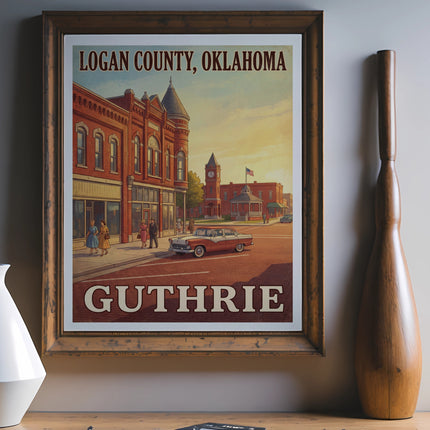 "Logan County, Oklahoma Guthrie" vintage travel poster with retro car and buildings.