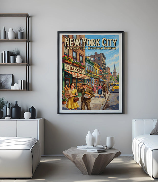 Vintage New York City Upper West Side bakery poster with couple shopping.
