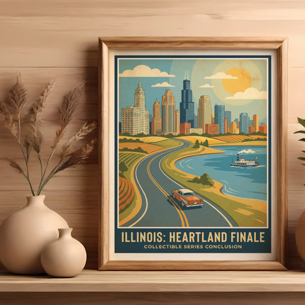 Framed artwork depicting Chicago skyline with vintage car on road and boat on water.