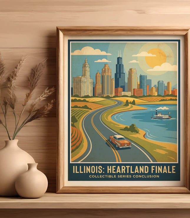Framed artwork depicting Chicago skyline with vintage car on road and boat on water.