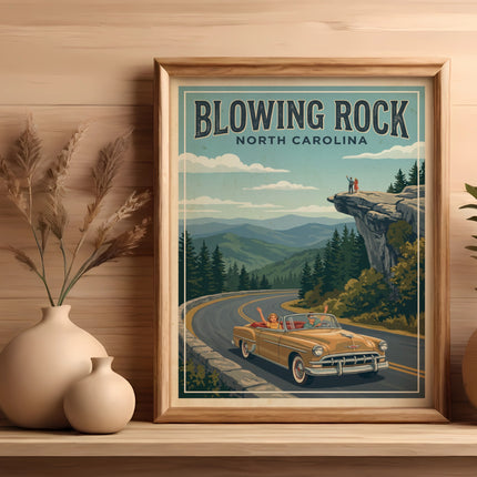 Vintage travel poster: "Blowing Rock, North Carolina" with classic car and scenic mountains.