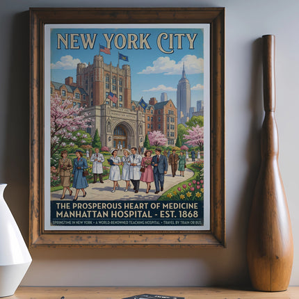 New York City Manhattan Hospital vintage poster with springtime scene.