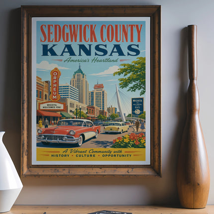Vintage Sedgwick County, Kansas poster with "Wichita Welcomes You!" text.