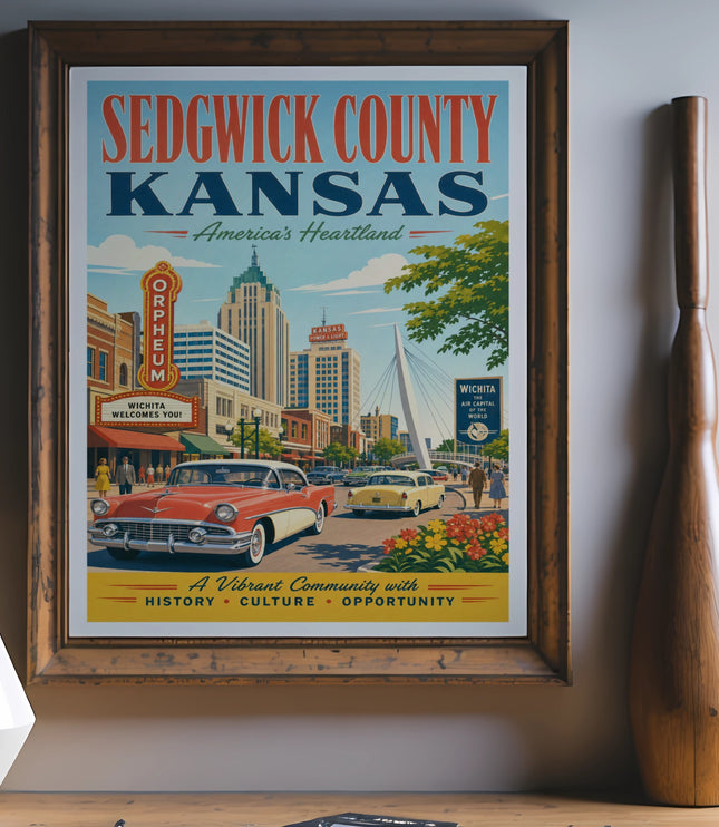Vintage Sedgwick County, Kansas poster with "Wichita Welcomes You!" text.