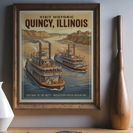 Historic Quincy, Illinois poster with two steamboats on the Mississippi River.