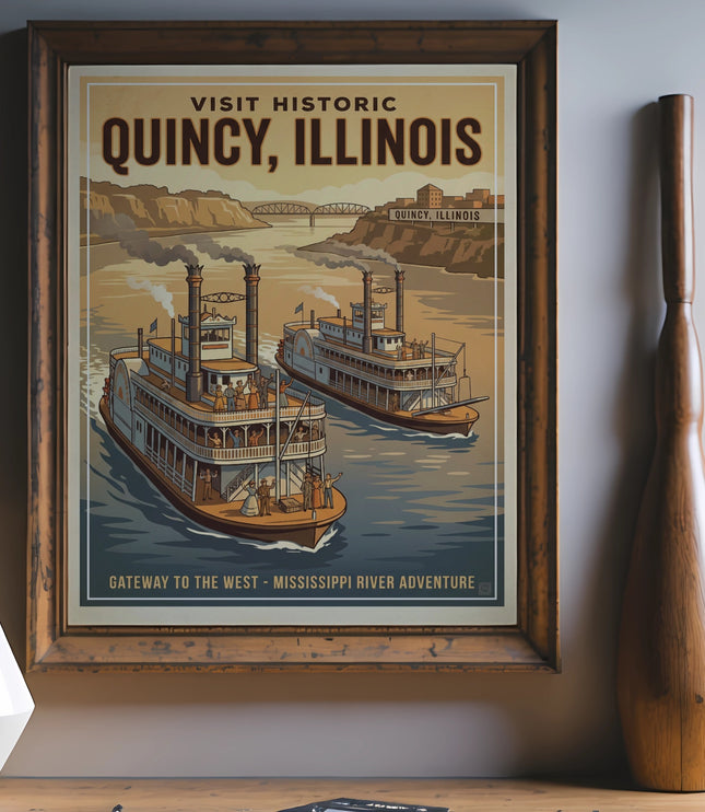 Historic Quincy, Illinois poster with two steamboats on the Mississippi River.