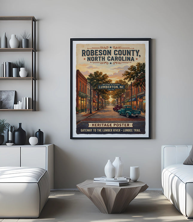 Robeson County, North Carolina heritage poster featuring Lumberton street scene.