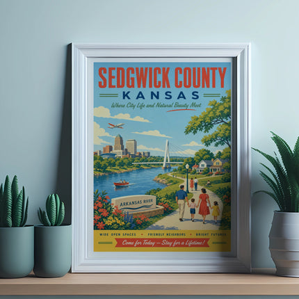Sedgwick County, Kansas poster with Arkansas River, family, and city skyline.