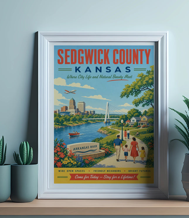 Sedgwick County, Kansas poster with Arkansas River, family, and city skyline.
