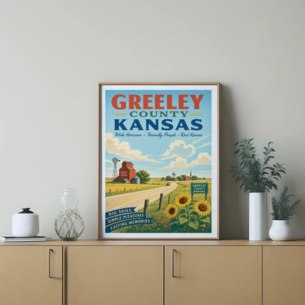 Greeley County Kansas poster with farm, sunflowers, and scenic landscape.