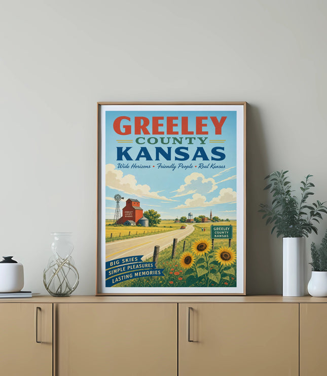 Greeley County Kansas poster with farm, sunflowers, and scenic landscape.