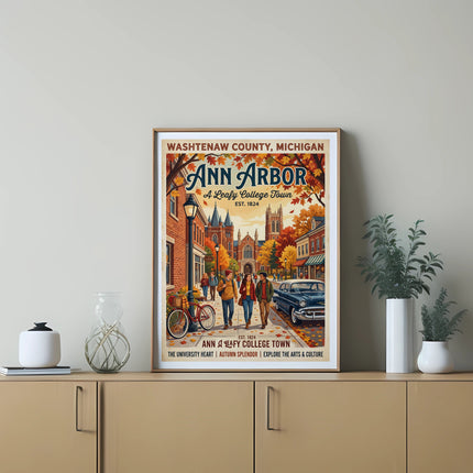 Vintage poster of Ann Arbor, Michigan, depicting a leafy college town scene with autumn foliage.