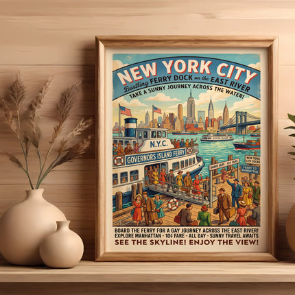 Vintage New York City ferry poster on a wooden shelf with plants.