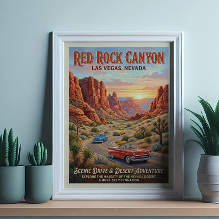 Red Rock Canyon Las Vegas Nevada vintage travel poster with cars on a road.