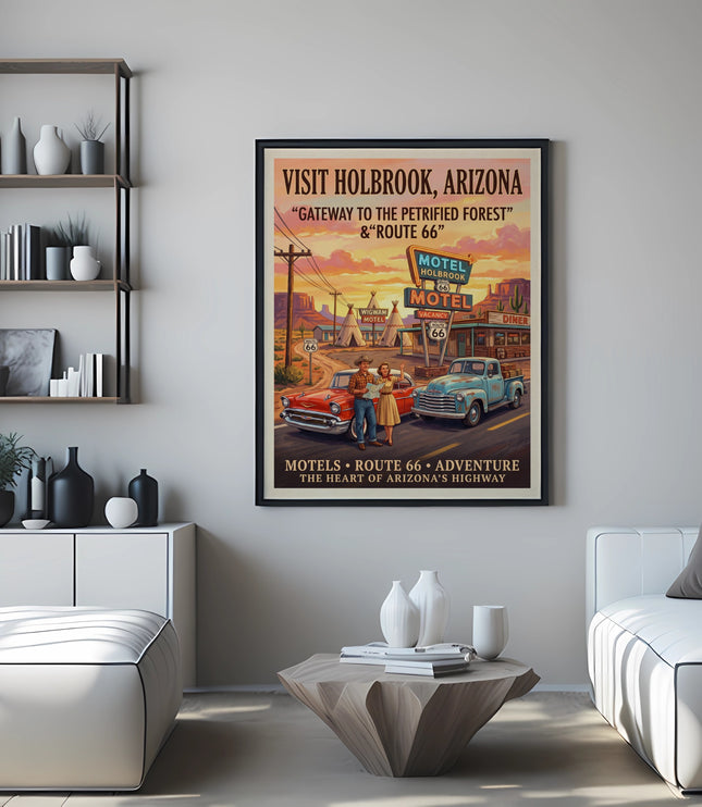 Holbrook Arizona Route 66 retro travel poster with motels and classic cars.