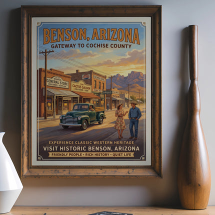 Vintage Benson, Arizona poster with retro storefronts, a truck, and people.