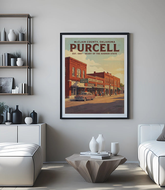 Poster of Purcell, Oklahoma with brick buildings and a vintage car.
