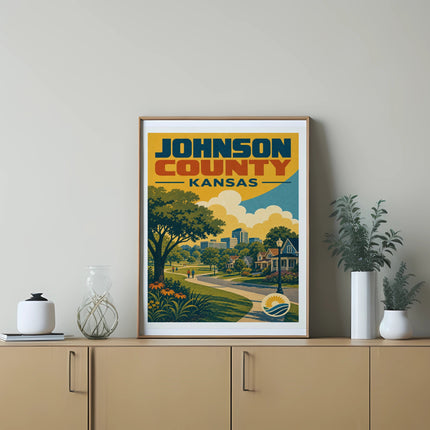 Framed art print depicting a colorful scenic view of Johnson County, Kansas.