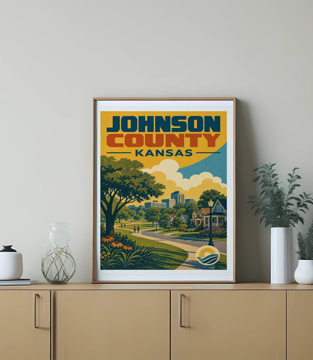 Framed art print depicting a colorful scenic view of Johnson County, Kansas.