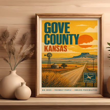 Vintage Gove County Kansas travel poster with sunset and windmill.