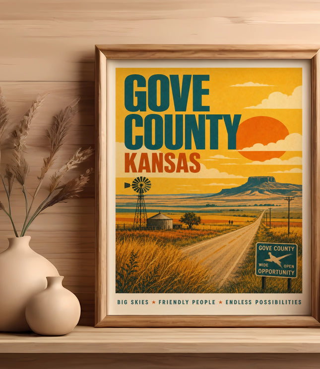 Vintage Gove County Kansas travel poster with sunset and windmill.
