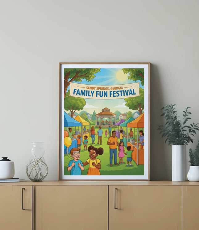 Sandy Springs, Georgia Family Fun Festival poster with people and tents.