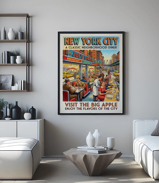 New York City Joe's Diner retro travel poster with diners and a yellow taxi.