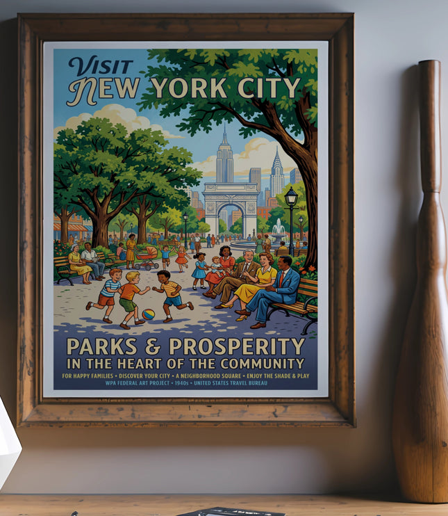 Vintage "Visit New York City" poster shows Washington Square Park with people enjoying leisure activities.