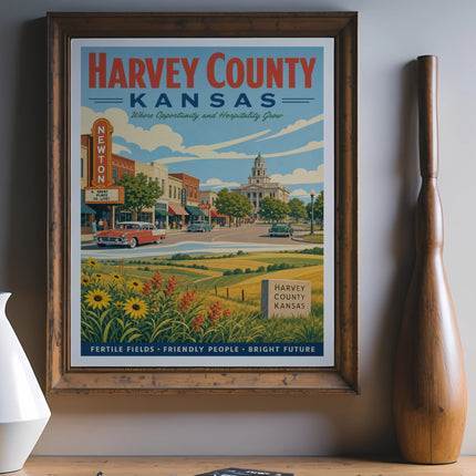 Retro travel poster for Harvey County, Kansas, with text.