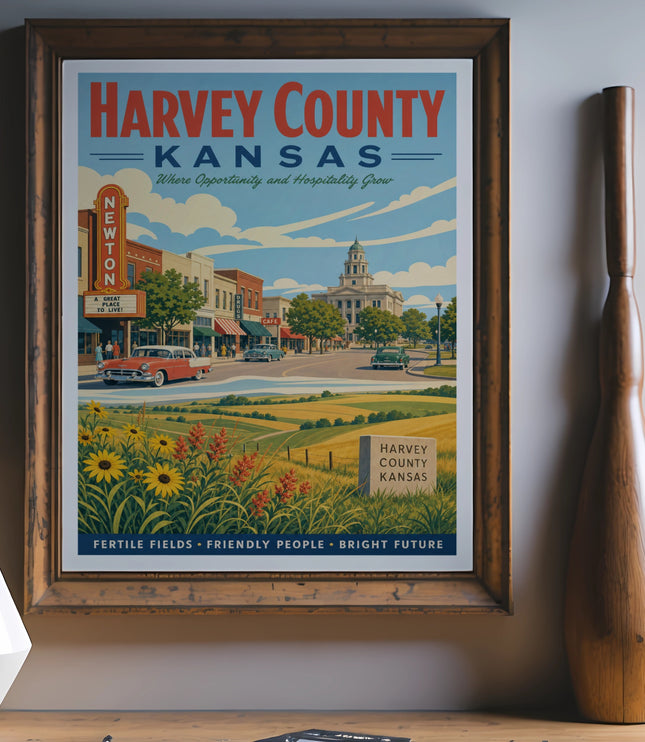 Retro travel poster for Harvey County, Kansas, with text.