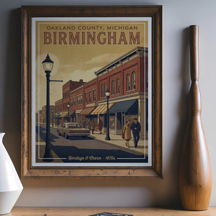 Poster of Birmingham, Michigan street scene with vintage car and pedestrians.