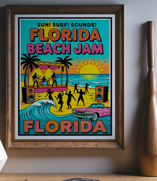 Poster featuring "Florida Beach Jam" with a band, dancers, wave, and convertible.