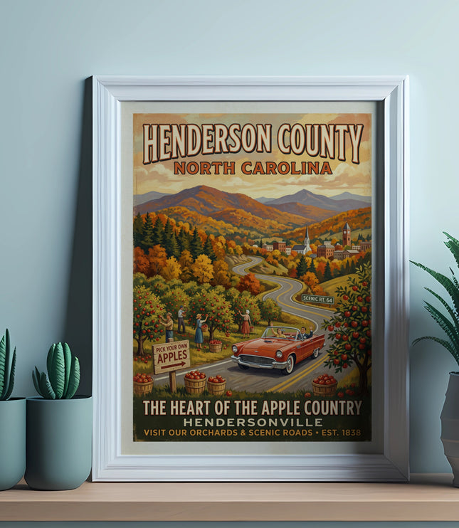 Henderson County, North Carolina poster with apple picking, scenic road, and vintage car.