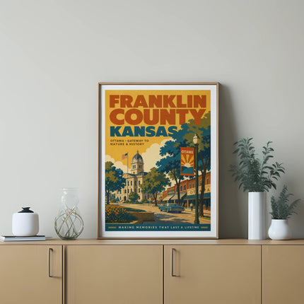 Framed poster for Franklin County, Kansas, featuring Ottawa and historical landmarks.