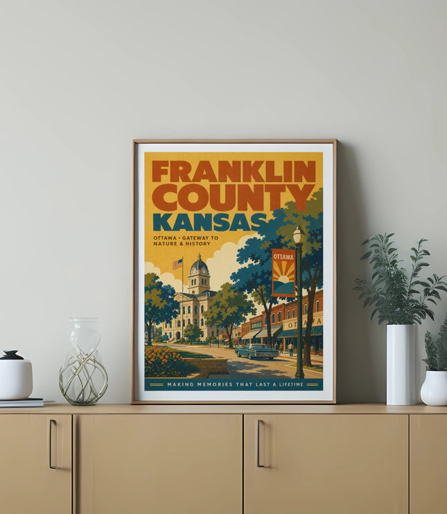 Framed poster for Franklin County, Kansas, featuring Ottawa and historical landmarks.