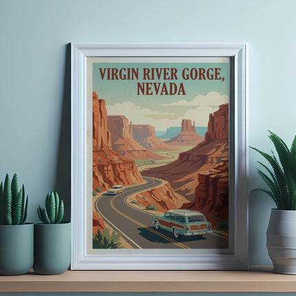 Vintage poster of Virgin River Gorge, Nevada with road, cars, and mesas.