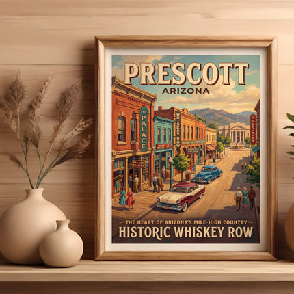 Prescott Arizona poster of historic Whiskey Row with vintage cars and buildings.