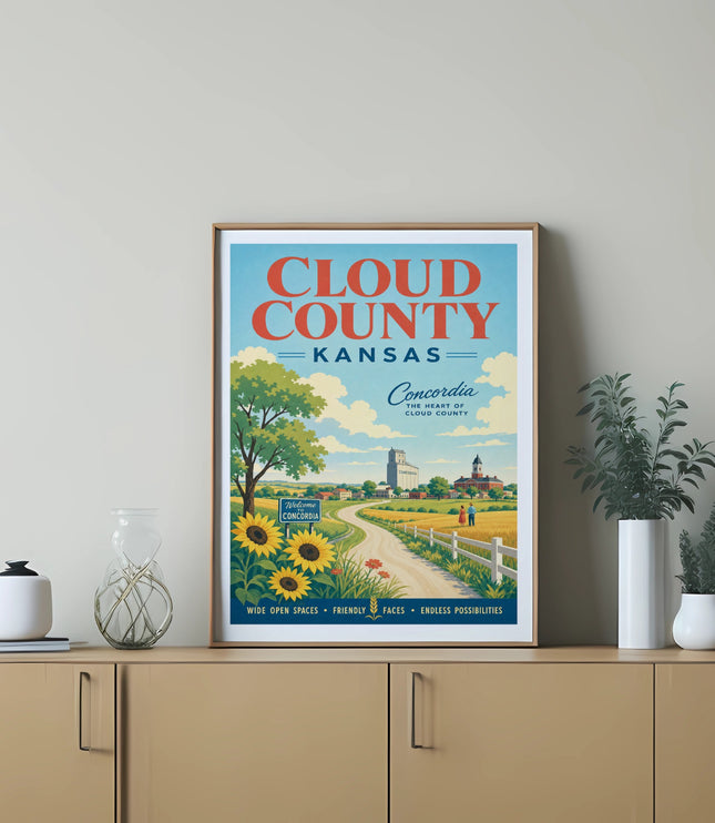 Cloud County, Kansas poster with sunflowers, rural road, and "Concordia" text.