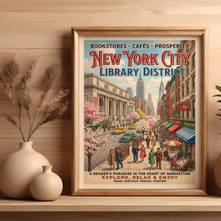 Vintage New York City Library District travel poster with people and buildings.