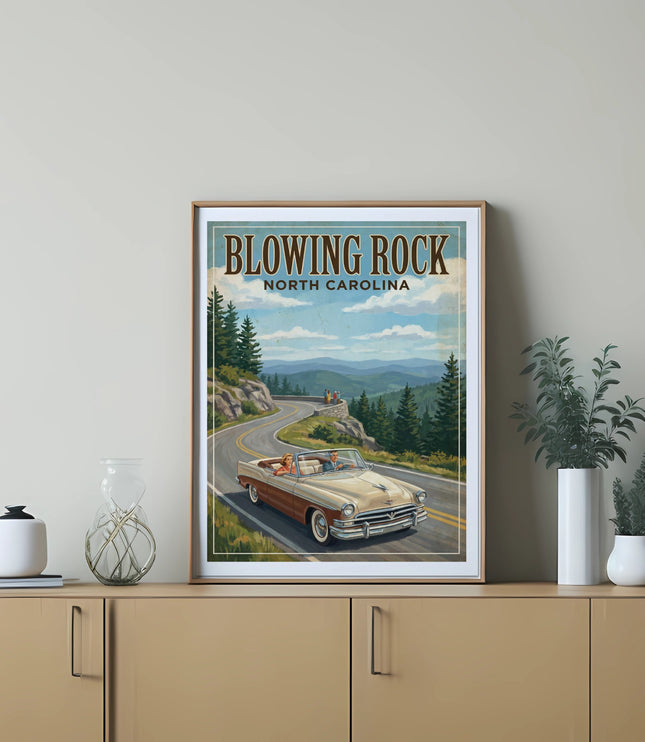 Vintage poster of Blowing Rock North Carolina with a classic car traveling a scenic road.